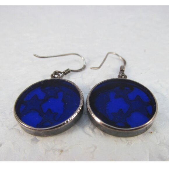 Sterling Silver Celestial Half Moon and Stars Blue Glass Pierced Earrings - Picture 6 of 12